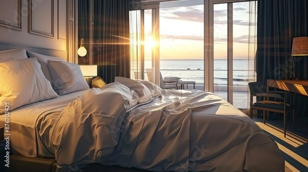 Fototapeta Beachfront bedroom with a stunning ocean view. Large windows, modern decor, comfortable bed, luxury, relaxation, vacation. Generative by AI.
