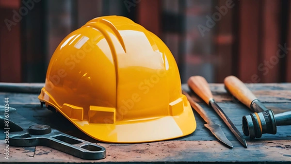 Fototapeta  Safety and health work safety equipment worker background set with construction industry tools generative ai