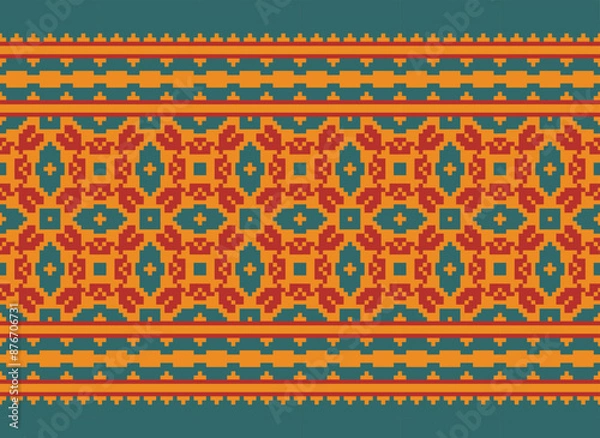 Fototapeta Cross Stitch Embroidery. Ethnic Patterns. Native Style. Traditional Design for Texture, Textile, Fabric, Clothing, Knitwear, Print. Geometric Pixel Horizontal.