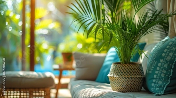 Fototapeta background: A sunny beach resort wallpaper evoking relaxation and vacation vibes, perfect for a modern sunroom.
