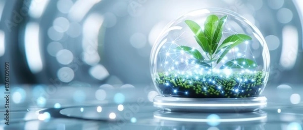 Obraz Green plant in a glass dome with sparkling lights, symbolizing growth and innovation in a futuristic setting.