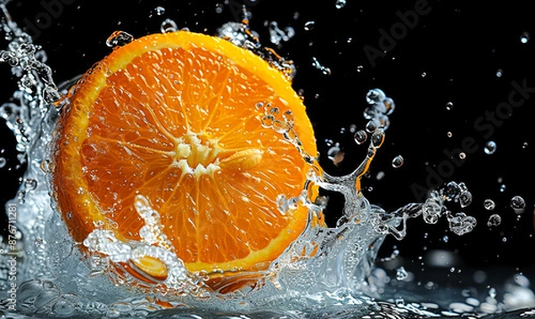 Obraz Fresh Juicy Orange Slice Splashing into Water with Dynamic Splash on Black Background Refreshing Vibrant Concept for Health and Hydration