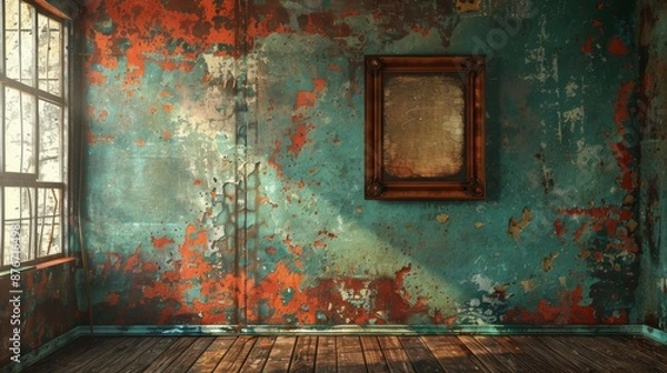Fototapeta Background: Rusty metal equipment and weathered plumbing pipes create a vintage, grunge atmosphere in the old kitchen, adding a rustic charm to the home's interior.