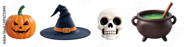 Obraz Scary Halloween 3D Icons: Jack-o'-Lantern, Witch's Hat, Cauldron, and Skull