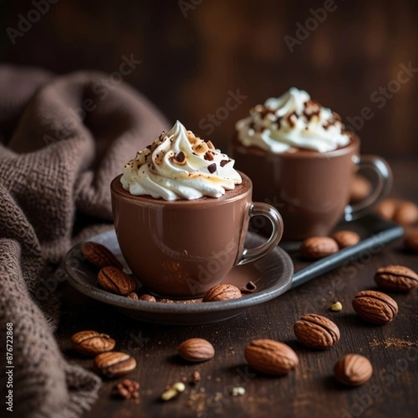 Fototapeta a cup of hot chocolate with whipped cream and nuts on a plate