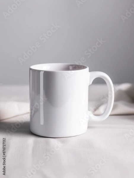 Fototapeta A simple white ceramic mug with a single vertical line design on a white background.