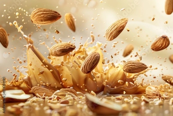 Fototapeta Almond nuts explosion splash or falling in realistic closeup for advertising banner or poster background