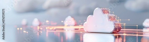 Obraz Futuristic cloud computing concept with digital data transmission. Abstract technology background with clouds and light trails.