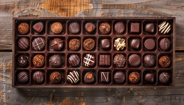 Fototapeta A variety of delicious chocolates are arranged in a box. The chocolates are of different shapes and sizes and are decorated with different toppings.