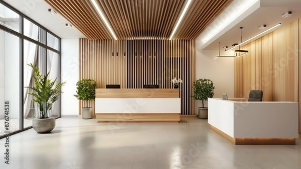 Obraz Design a modern office reception area with a wood slat ceiling and white marble floors