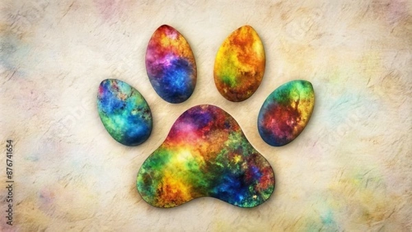 Fototapeta Paw Print Of A Dog Or Cat With Bright Rainbow Colors On A Beige Background.
