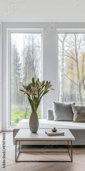 Fototapeta Minimalist room interiors with a sofa, a large window and a table in a luxury property Real Estate composition with copy space.