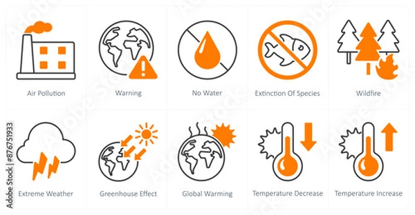 Fototapeta A set of 10 Climate Change icons as air pollution, warning, no water, extinction of species