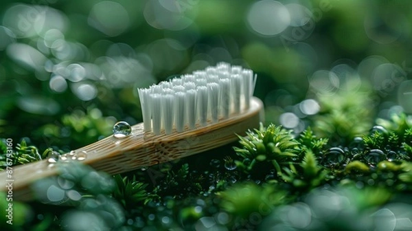 Fototapeta A closeup photo of a bamboo toothbrush resting on a bed of moss, surrounded by water droplets
