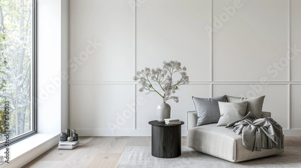 Fototapeta Interiors designer composition in a luxury minimalist property with minimal furniture, copy space and neutral colors.