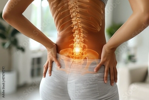 Obraz Woman experiencing back pain with spine highlighted. Chiropractic concept, lower back discomfort, and health care illustration.