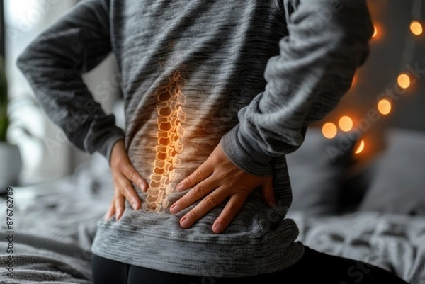 Obraz Person holding lower back in pain with spine illustration, indicating discomfort or injury. Cozy setting with warm lights in background.