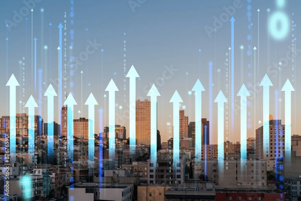 Fototapeta San Francisco cityscape with hologram arrows and binary code, photomontage on urban background. Future technology concept. Double exposure