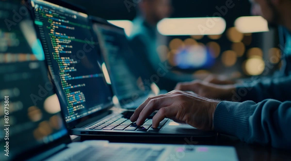 Fototapeta Programmer Working on Laptop in Tech Environment
