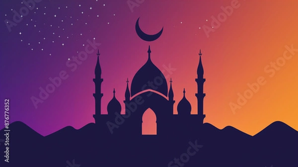 Fototapeta Mosque silhouette with crescent moon at sunset
