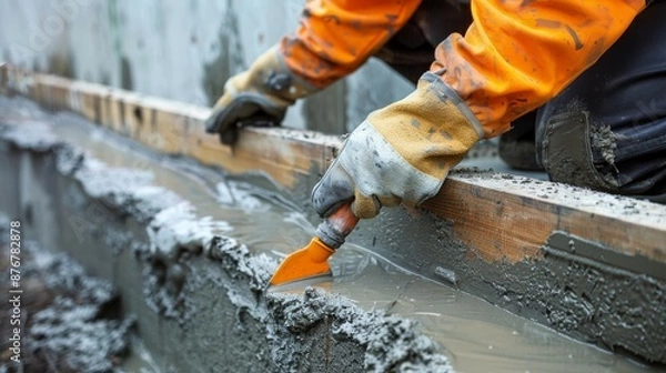 Fototapeta Close-up shot of a worker in gloves and orange jacket applying waterproofing sealant to a concrete foundation.