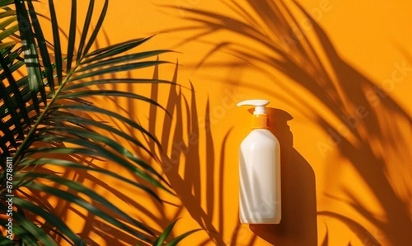 Fototapeta bottle of white cream with plastic pump cap on orange background, surrounded by palm leaves and shadows, creating a balanced and symmetrical composition, sunscreen concept