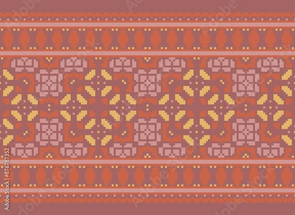 Obraz Pixel Horizontal Seamless Vector. Geometric Ethnic Indian pattern. Native Ethnic pattern. Cross Stitch Border. Texture Textile Fabric Clothing Knitwear print.
