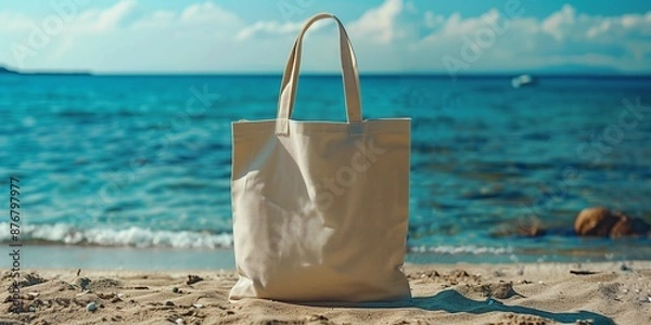 Obraz mockup of a blank beige eco cotton tote bag sided shopper at the beach