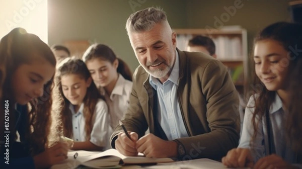 Fototapeta A man sits at a table with a group of smiling girls, possibly friends or colleagues