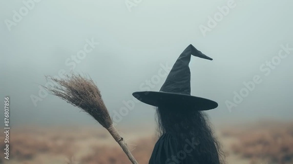 Obraz Minimalist Witch's Hat and Broomstick in Spooky Halloween Festival Wallpaper with Foggy Background