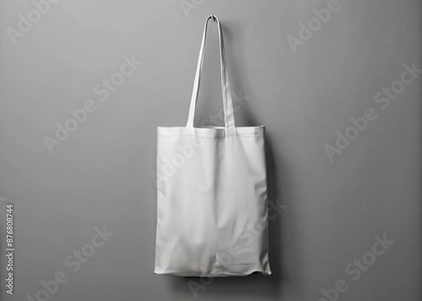 Fototapeta Isolated white tote bag mockup suspended from a metal hook on a clean gray background, awaiting custom design or branding with plenty of negative space.