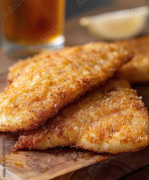 Obraz baked fish with chips and beer. AI generative.