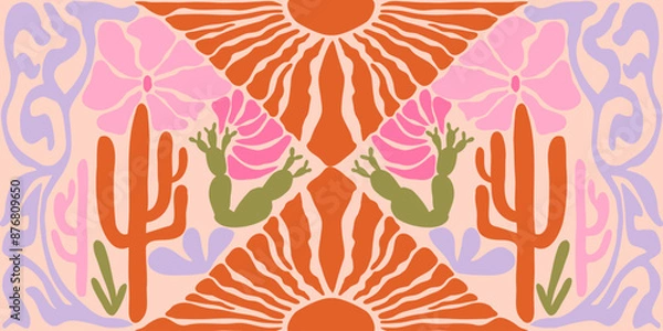 Fototapeta Desert matisse illustration. At nouveau landscape panorama with cactus. Tile seamless pattern in groovy 60s 70s vibes.