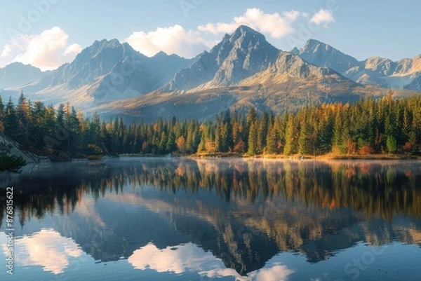 Fototapeta A panoramic view of a serene lake nestled amongst the majestic High Tatras mountains during autumn, capturing the breathtaking reflection of the towering peaks in the crystal-clear water