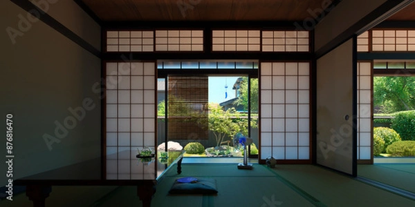 Fototapeta 強い日差しが照りつける夏の庭と日陰になった日本家屋の和室 / 夏休み・帰省・田舎の実家・昭和レトロなロケーションイメージ / 3Dレンダリング