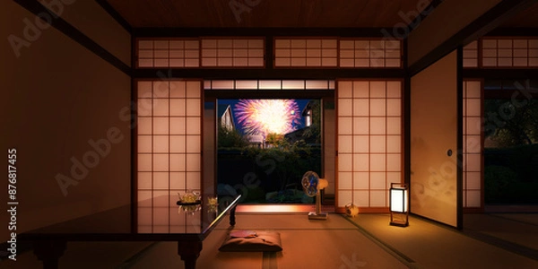 Fototapeta 屋根の向こうの打ち上げ花火を眺める夏の日本家屋の和室 / 夏休み・帰省・田舎の実家・昭和レトロなロケーションイメージ / 3Dレンダリング