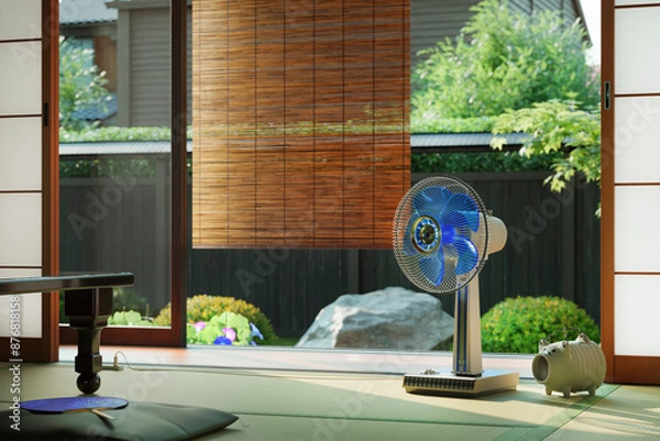 Fototapeta 爽やかな朝日が差し込む夏の日本家屋の和室とレトロな扇風機 / 夏休み・帰省・田舎の実家・昭和レトロなロケーションイメージ / 3Dレンダリング