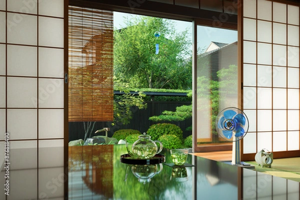 Fototapeta 爽やかな朝日が差し込む夏の日本家屋の和室とテーブルの上の冷茶 / 夏休み・帰省・田舎の実家・昭和レトロなロケーションイメージ / 3Dレンダリング