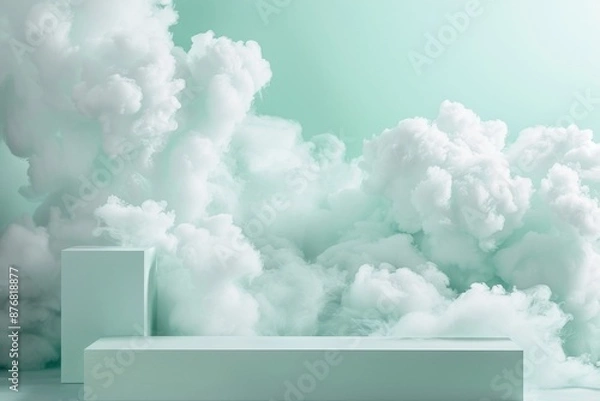 Fototapeta A white rectangular display stand is positioned against a backdrop of fluffy white clouds, with a soft mint green color cast over the entire scene