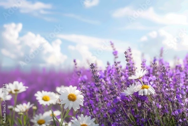 Fototapeta A closeup of a field of blooming lavender and white daisies, with a bright sky and fluffy clouds in the background
