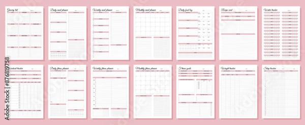 Fototapeta Fitness and meal planners set. Daily, weekly, monthly, workout tracker, fitness goals, weight tracker, daily food log, grocery list, recipe card, water tracker, sleep tracker.