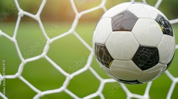 Fototapeta Close-up shot of a soccer ball hitting the goal net, with a lush green field as the backdrop, high-resolution and dynamic action capture, focus cover all object, deep dept of field