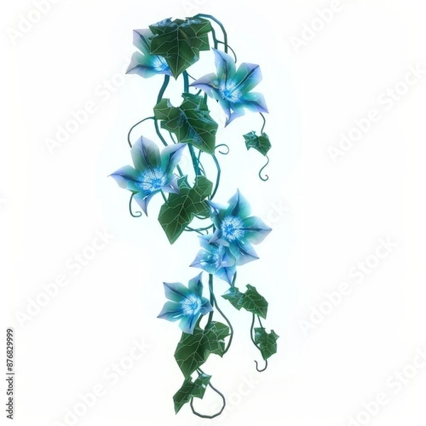 Fototapeta 3D Render, Low Poly style of a mythical vine with bioluminescent flowers and twisting tendrils, on isolated white background, Generative AI