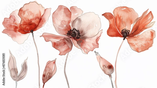 Fototapeta watercolor wildflowers, poppy flowers with leaves and stem isolated on white background, neutral beige black grey color palette, three different poses


