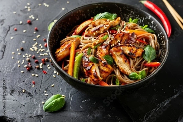 Fototapeta Bowl with Asian chicken stir fry soba noodles with vegetables on dark black stone background from above, Chinese Thai or Japanese noodles dish with soy sauce