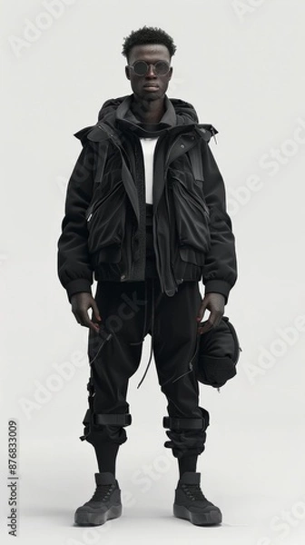 Fototapeta A model wears a black futuristic outfit with multiple pockets and buckles