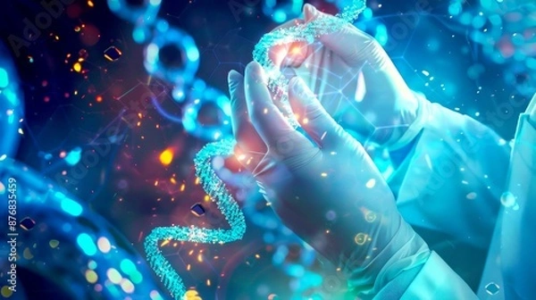 Fototapeta Scientist holding DNA strand in a futuristic laboratory. Beautiful and detailed macro photography of genetic research. High-technology and innovative scene for biotechnology and science concepts. AI