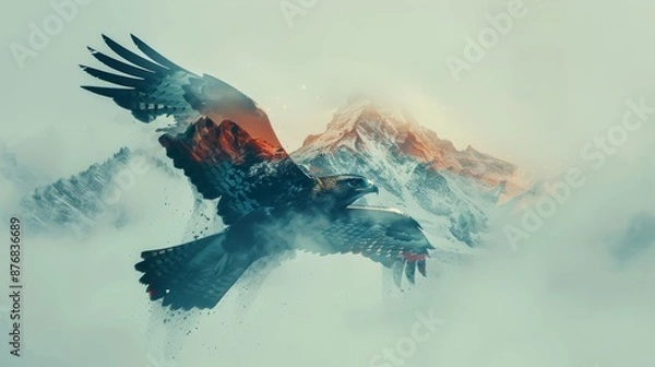 Fototapeta Surreal eagle and mountain fusion art, seamlessly blending wildlife with misty peaks for a captivating visual masterpiece.