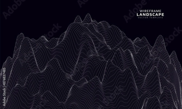Fototapeta Wireframe landscape. Futuristic 3d mesh background. Digital hills technology. Vector illustration.
