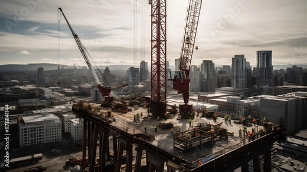 Fototapeta A towering construction crane is lifting heavy materials on a construction site in a busy city. Surrounded by skyscrapers. It's intricate details and metallic surface glisten under the afternoon sun.
